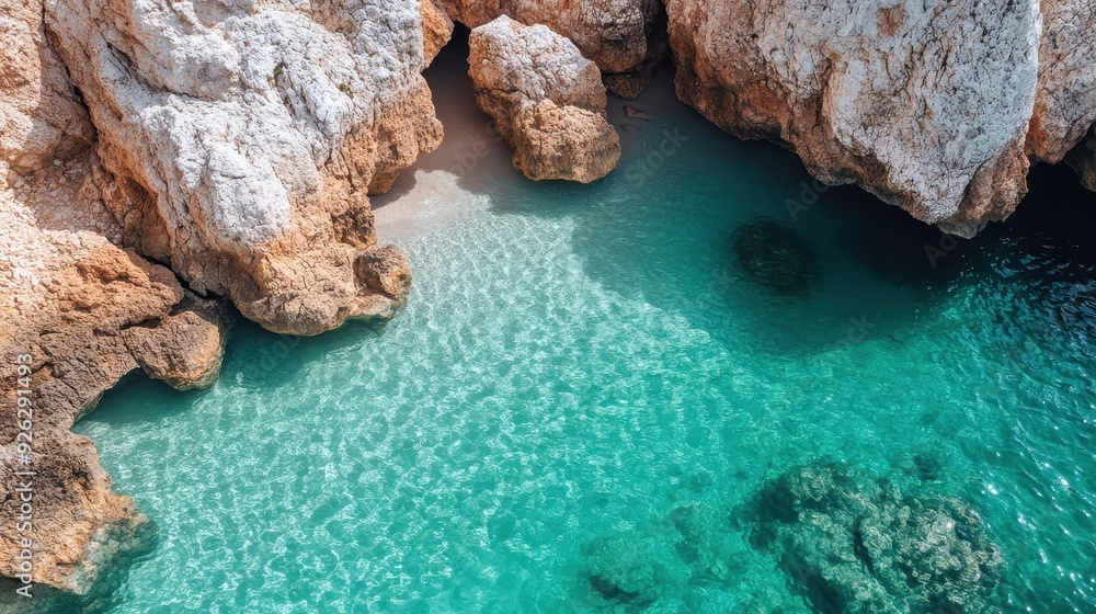 A beautiful coastal scene featuring clear turquoise water, surrounded by large white and orange rock formations, creating a stunning visual contrast and serene atmosphere. A beautiful coastal scene featuring clear turquoise water, surrounded by large white and orange rock formations, creating a stunning visual contrast and serene atmosphere.