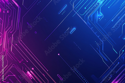 Futuristic vector illustration of an abstract circuit board with neon blue and purple gradients, showcasing intricate digital patterns and tech elements