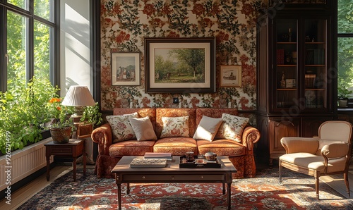 A Sunlit Living Room with an Orange Velvet Sofa and Floral Wallpaper