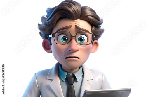 3D Cartoon Character with Glasses in Lab Coat Worriedly Staring Ahead