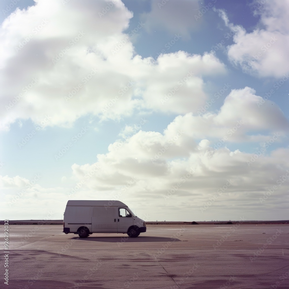A white van stands alone in an expansive, empty landscape under a sky filled with fluffy clouds, evoking feelings of solitude and endless possibilities. A white van stands alone in an expansive, empty landscape under a sky filled with fluffy clouds, evoking feelings of solitude and endless possibilities.