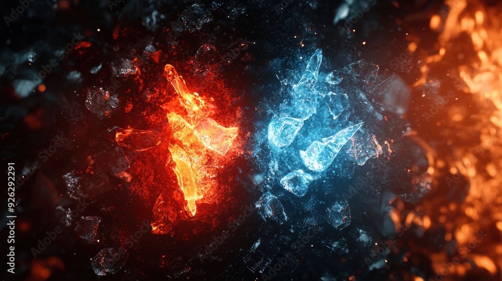 Two fireballs are in the air, one red and one blue Two fireballs are in the air, one red and one blue