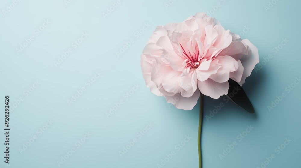 A single pink peony flower with a green leaf, set against a minimalistic light blue backdrop, creating a serene and visually striking composition. A single pink peony flower with a green leaf, set against a minimalistic light blue backdrop, creating a serene and visually striking composition.