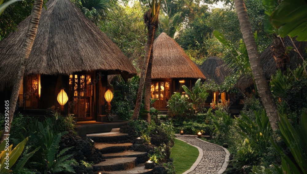 Jungle path leading to tropical huts. Jungle path leading to tropical huts.