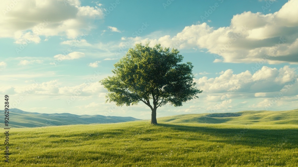 Obraz premium Single Tree on a Grassy Hill with Rolling Hills and a Blue Sky