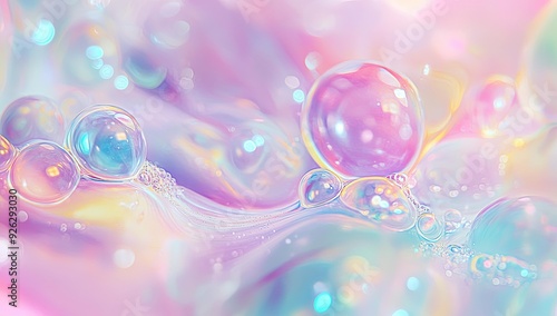 Abstract iridescent bubbles on pastel background.