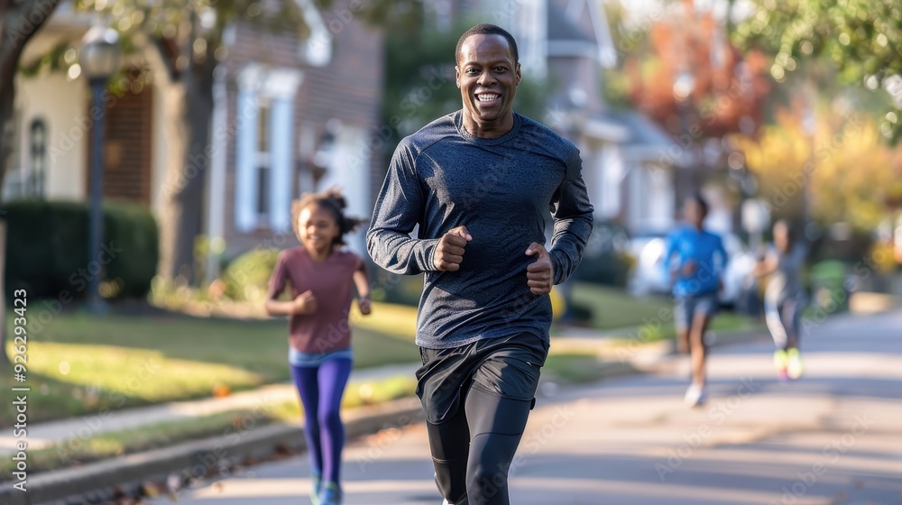 Fototapeta premium A man jogs happily while children run behind him on a sunny autumn morning
