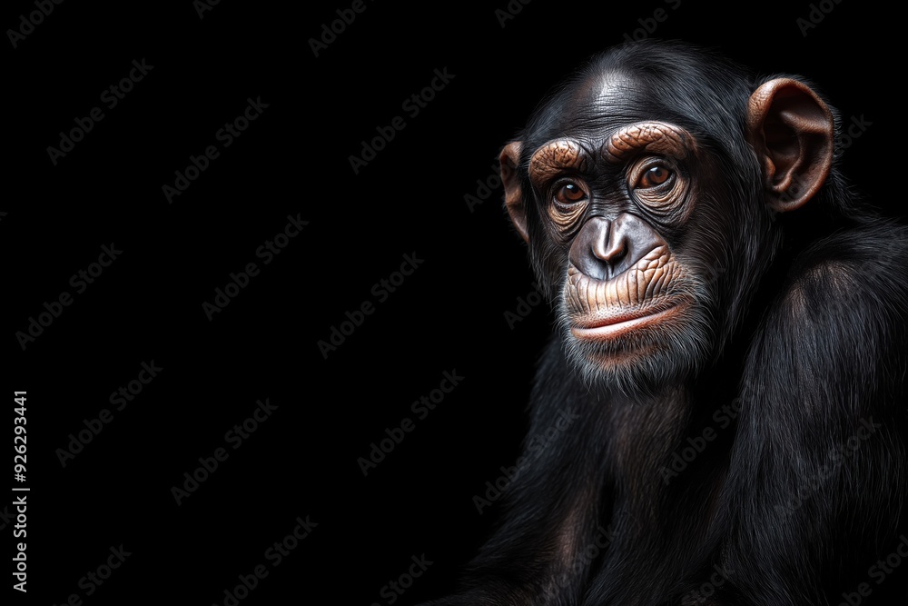 Photo of a chimpanzee isolated against a black background, emphasising the chimpanzee's majestic features. Wildlife and conservation concept, space for copy. Photo of a chimpanzee isolated against a black background, emphasising the chimpanzee's majestic features. Wildlife and conservation concept, space for copy.
