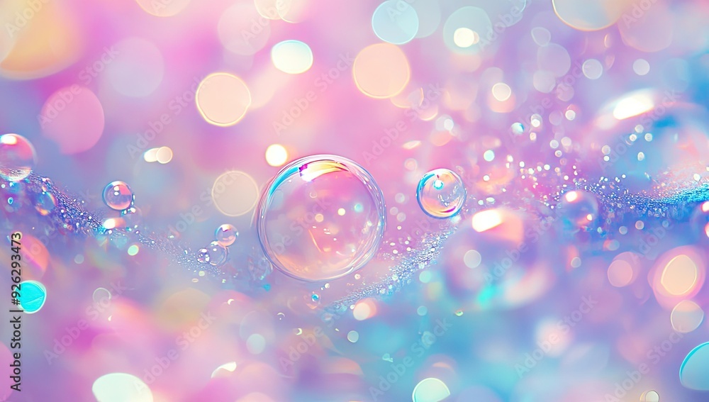 Water bubbles with iridescent glow on pastel background. Water bubbles with iridescent glow on pastel background.
