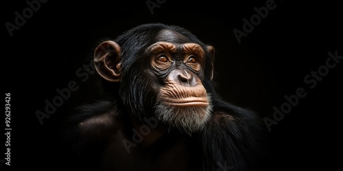 Photo of a chimpanzee isolated against a black background, emphasising the chimpanzee's majestic features. Wildlife and conservation concept, space for copy.