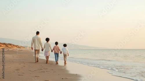 A family with adopted children from different ethnic backgrounds, walking hand in hand on a beach, Inclusive families, Adoption and multicultural unity