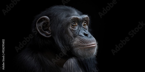 Photo of a chimpanzee isolated against a black background, emphasising the chimpanzee's majestic features. Wildlife and conservation concept, space for copy.