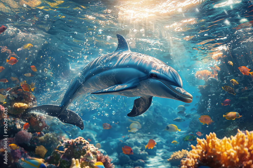 Fototapeta premium Dolphin's Coral Reef Serenade - generative AI