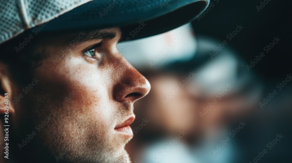 A detailed profile shot of a baseball player wearing a hat, capturing the essence of concentration and readiness before the game, highlighting the athletic aura. A detailed profile shot of a baseball player wearing a hat, capturing the essence of concentration and readiness before the game, highlighting the athletic aura.