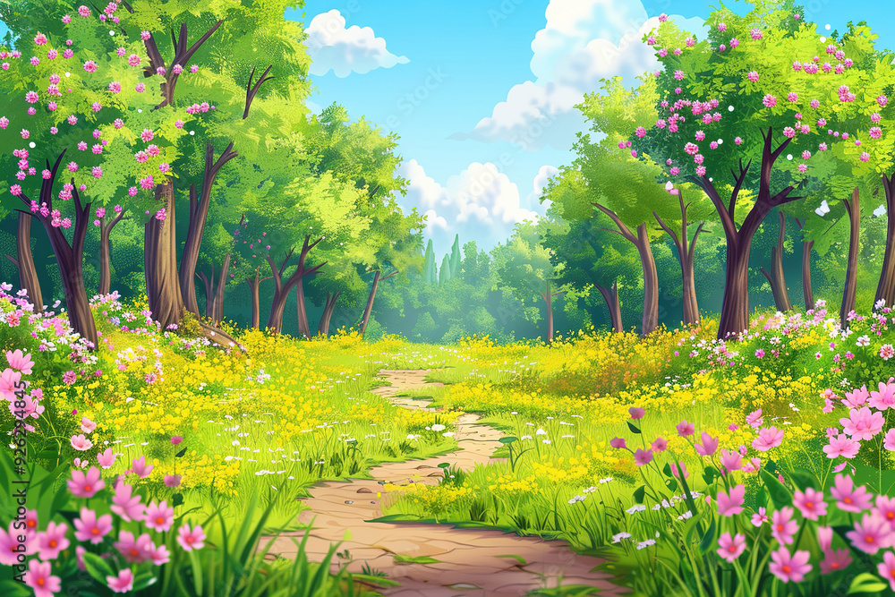 Illustration of spring forest path winding through lush green trees and vibrant wildflowers Illustration of spring forest path winding through lush green trees and vibrant wildflowers