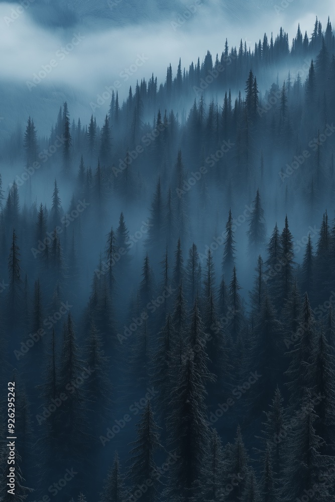 Obraz premium Misty forest. Foggy mountains. Misty spruce landscape banner