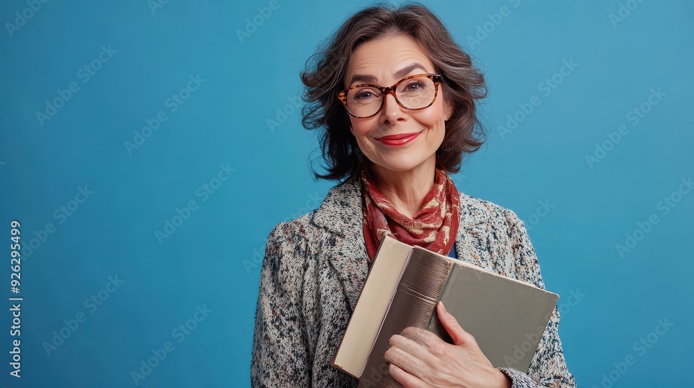 Obraz premium An older woman exudes confidence while holding a book and smiling against a blue background