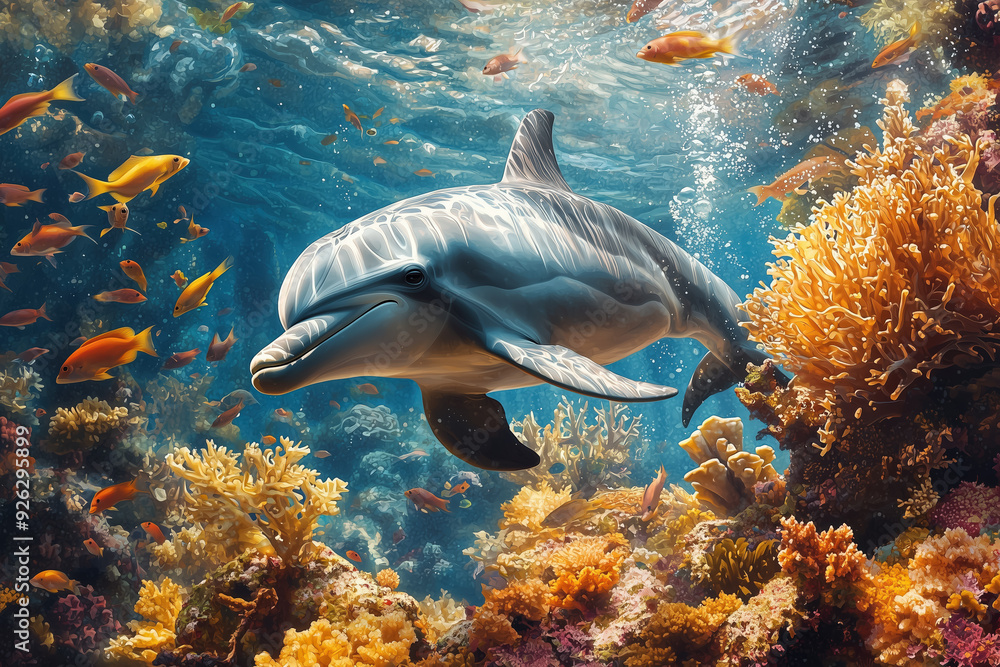 Fototapeta premium Dolphin's Coral Reef Serenade - generative AI