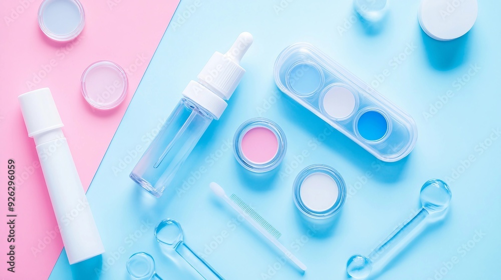 Eye Care Essentials - Contact Lens Kit on Multicolor Background, Flat Lay Top View Eye Care Essentials - Contact Lens Kit on Multicolor Background, Flat Lay Top View