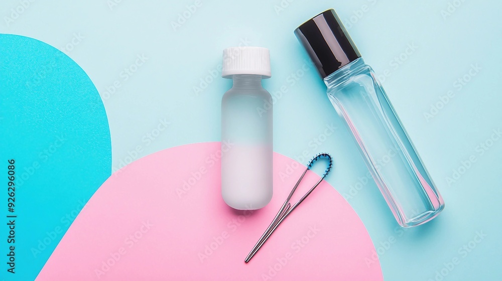 Essentials for Clear Vision - Contact Lens Kit with Solution Bottle, Case, and Tweezer on Multicolor Background, Flat Lay Top View Essentials for Clear Vision - Contact Lens Kit with Solution Bottle, Case, and Tweezer on Multicolor Background, Flat Lay Top View