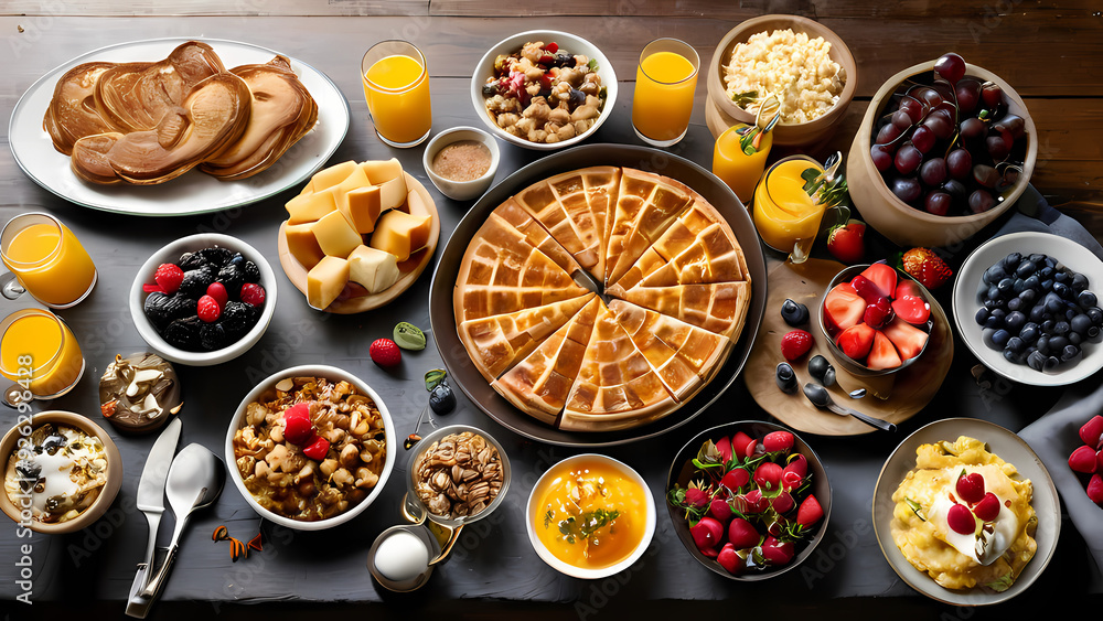 Waffles, fruit, and orange juice displayed on a table. Waffles, fruit, and orange juice displayed on a table.