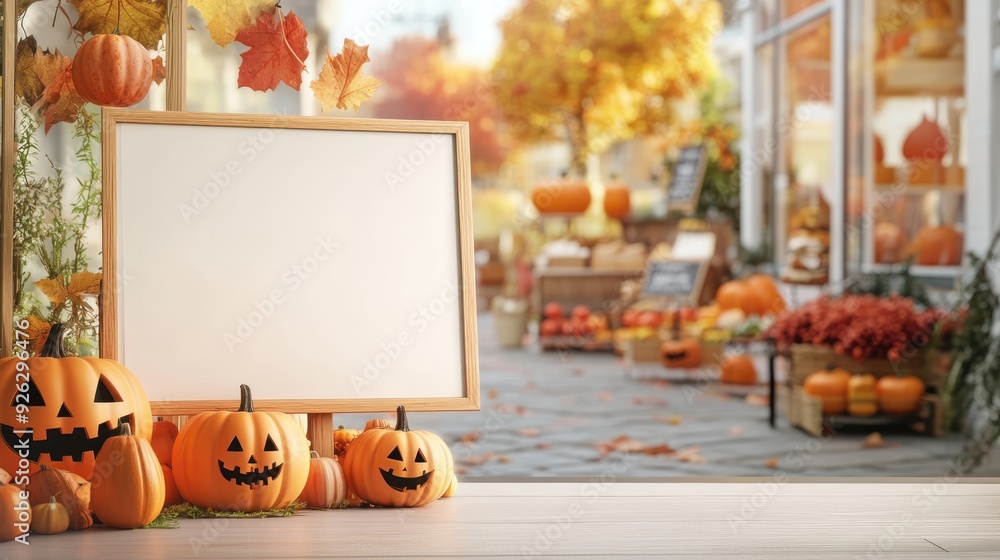 Obraz premium Emtpy billboard in bakery for new product promoting and advertisement in Halloween time.