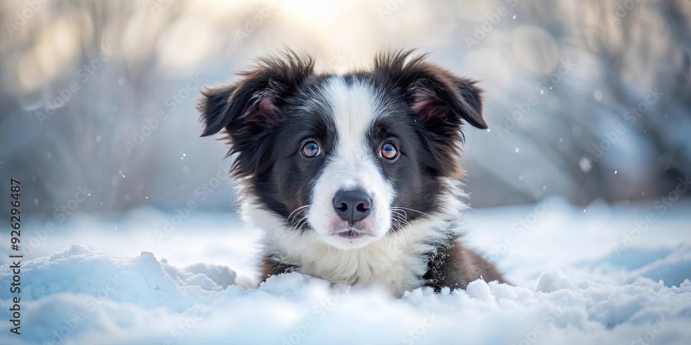 Cute border collie puppy lying in fluffy snow on a winter day Cute border collie puppy lying in fluffy snow on a winter day