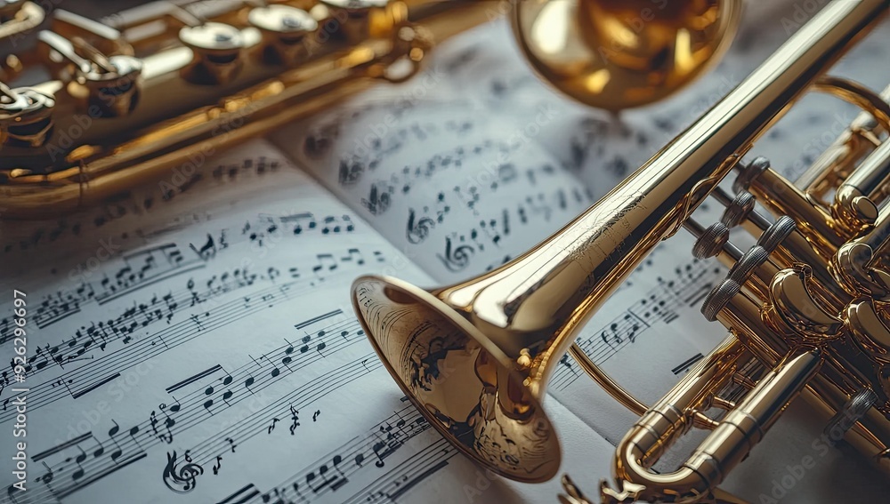 Naklejka premium Trumpet and saxophone resting on sheet music.