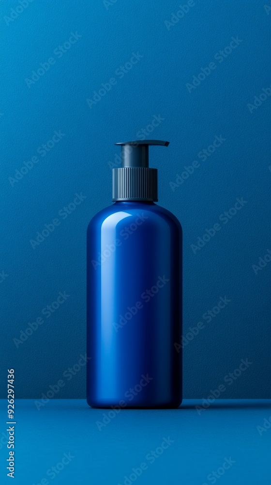 A blue bottle of lotion sits on a blue background A blue bottle of lotion sits on a blue background