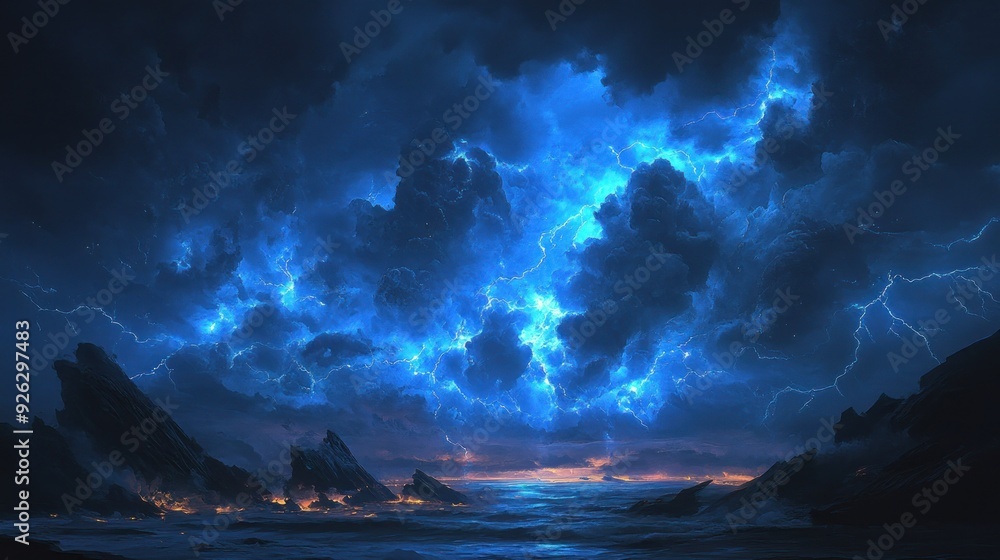 A Stormy Night With Lightning Over a Sea of Rocks