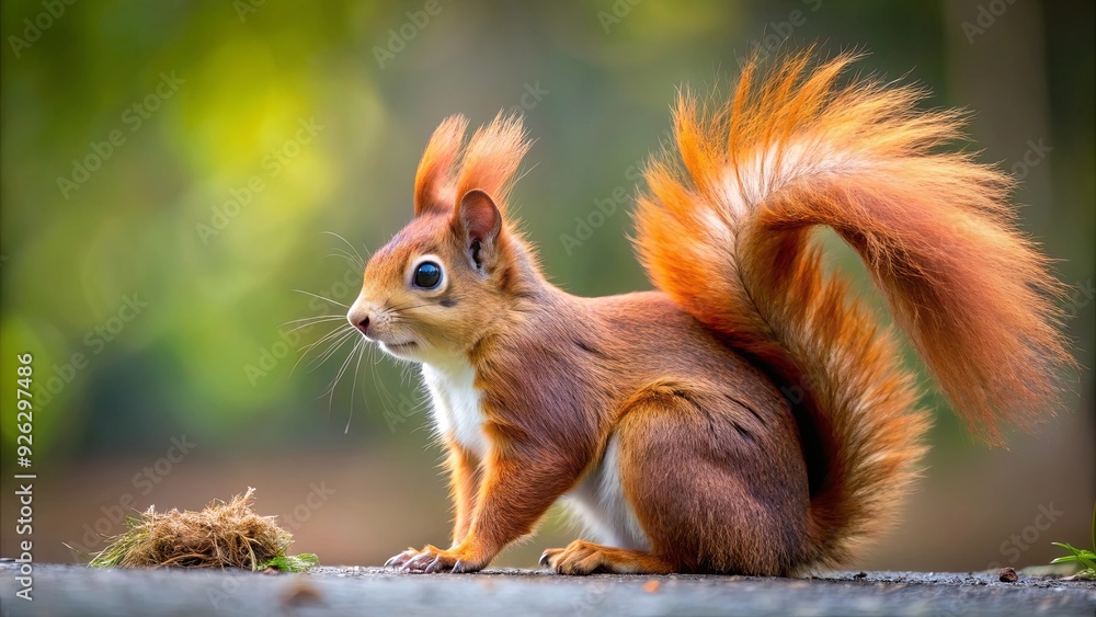 A red squirrel with fluffy tail looking curiously to the right A red squirrel with fluffy tail looking curiously to the right