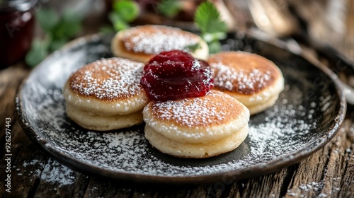 Delicious Cottage Cheese Pancakes with Jam - Homemade Traditional Syrniki, Selective Focus photo