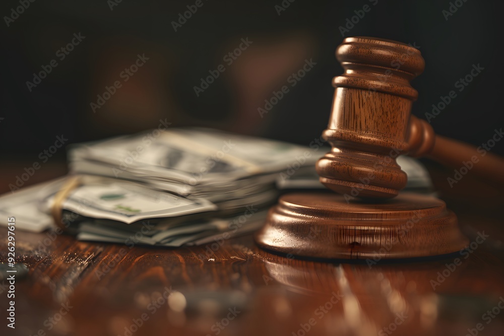 a flat lay of a wooden gavel and dollar bills on a brown table, set against a blurred dark brown background. a flat lay of a wooden gavel and dollar bills on a brown table, set against a blurred dark brown background.