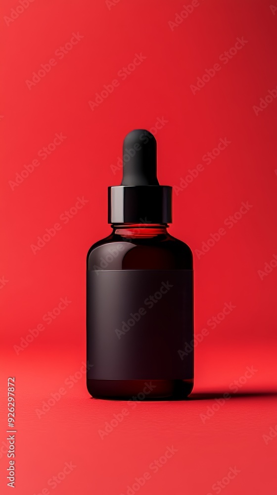 A bottle of liquid is sitting on a red background A bottle of liquid is sitting on a red background