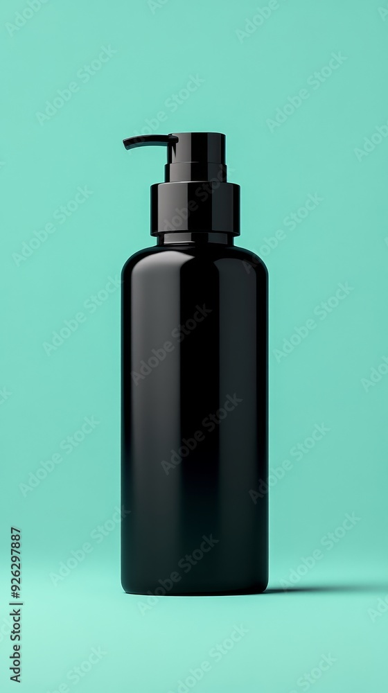 A black bottle with a black cap and a black pump A black bottle with a black cap and a black pump