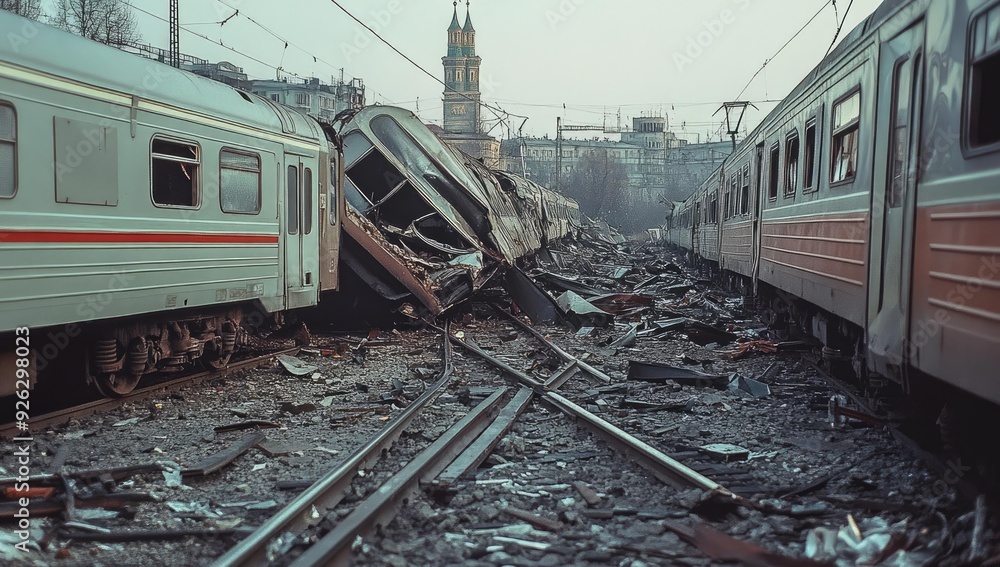 Fototapeta premium Train wreckage on a railway track.