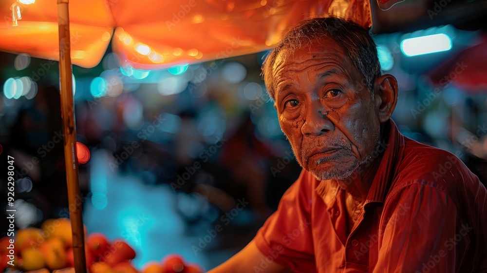 Middle-aged Asian Street Vendor Working in Vibrant Bangkok Night Market. Middle-aged Asian Street Vendor Working in Vibrant Bangkok Night Market.