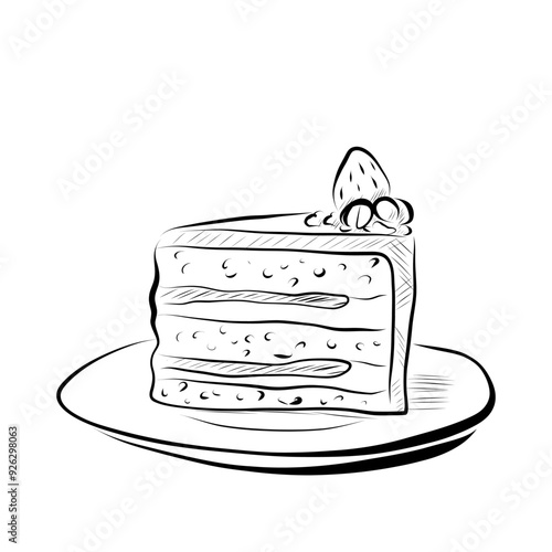 Line drawing. Line art sweets piece of cake with berries on plate. Vector minimalist design.
