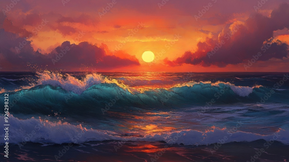 Sunset Over Ocean Waves with Golden Hues Sunset Over Ocean Waves with Golden Hues
