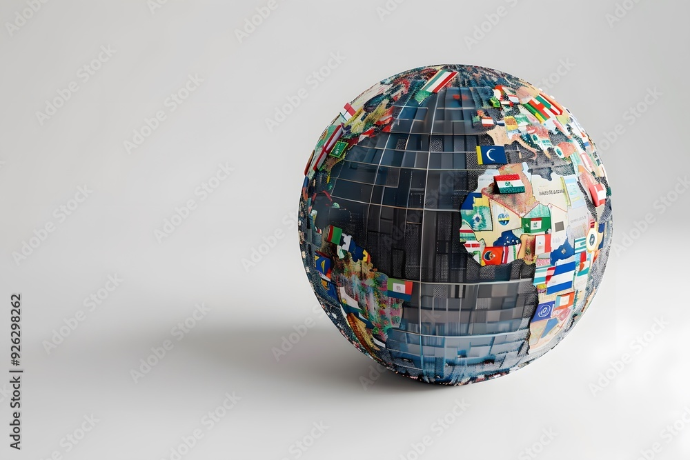 A detailed, full ultra HD image of a massive globe decorated with international flags and speech bubbles with country and language symbols A detailed, full ultra HD image of a massive globe decorated with international flags and speech bubbles with country and language symbols