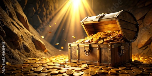 Golden treasure chest with shiny gold coins discovered in a dark cave