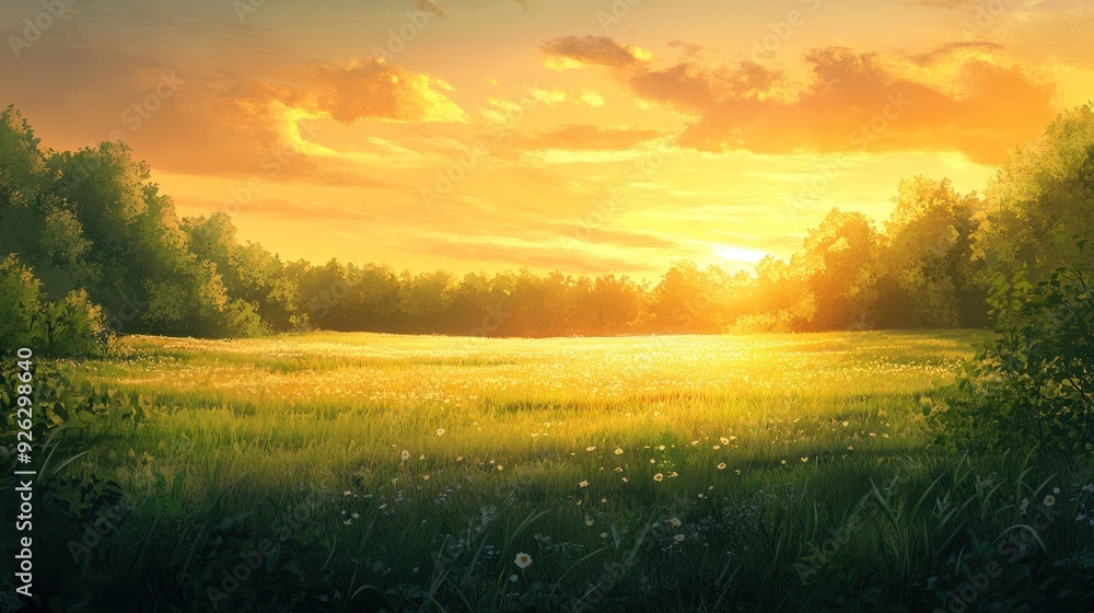 Golden Sunset Over a Field of Wildflowers and Trees Golden Sunset Over a Field of Wildflowers and Trees