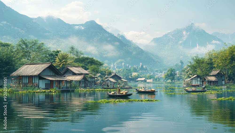 Naklejka premium Mountain lake village with boats and fog.