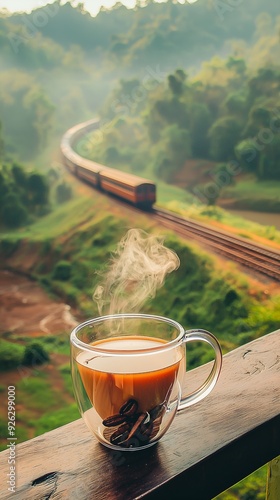 Wallpaper Mural "On a morning balcony, a transparent coffee cup with steaming coffee sits against a backdrop of railway tracks on a green mountainside. A distant train approaches through the bokeh effect. Torontodigital.ca