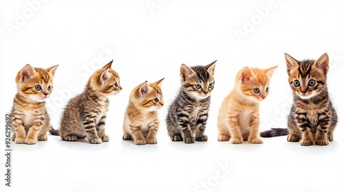 Playful Bengal Kittens - Adorable feline siblings in various poses on white backdrop, purebred cat photography collection.