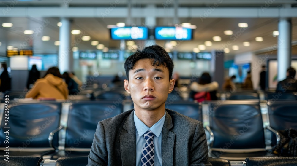 Sleep-Deprived Asian Businessman in Airport Lounge Conveying Weariness Sleep-Deprived Asian Businessman in Airport Lounge Conveying Weariness