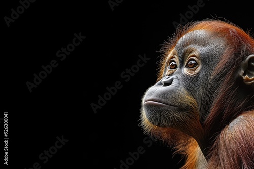 Photo of an orangutan isolated against a black background, emphasising the orangutan's majestic features. Wildlife and conservation concept, space for copy.