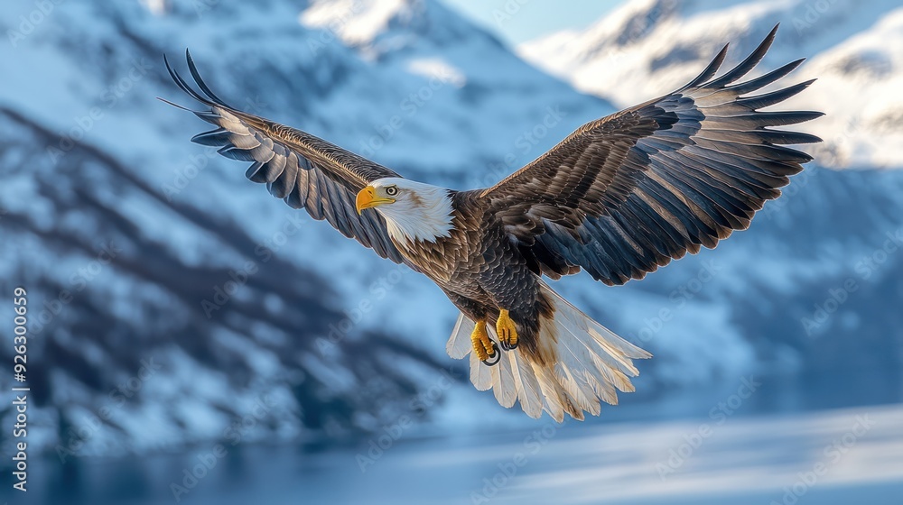 Fototapeta premium Majestic Bald Eagle in Flight Over Mountains