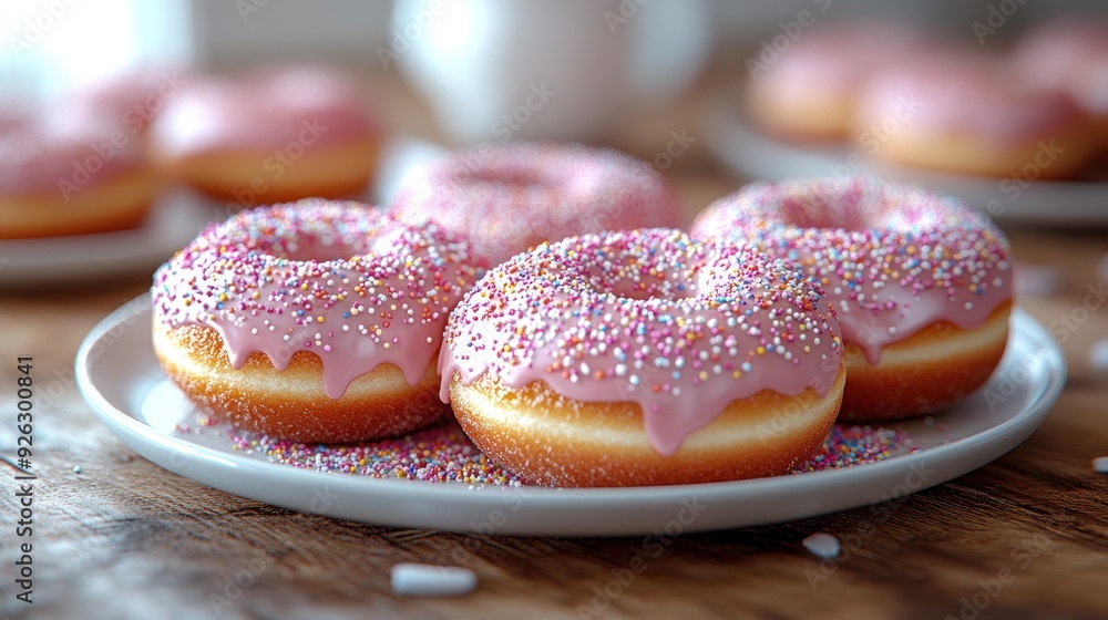 Pink Donuts with Sprinkles on a White Plate Pink Donuts with Sprinkles on a White Plate