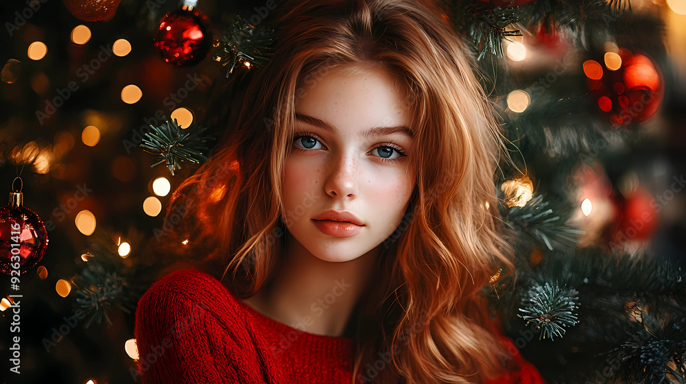 Charming Young Woman Surrounded by Christmas Lights – Festive Holiday Portrait Charming Young Woman Surrounded by Christmas Lights – Festive Holiday Portrait